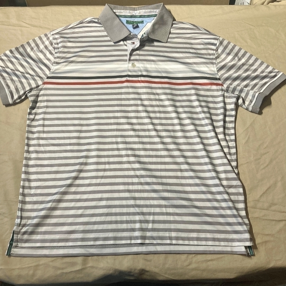Tommy Hilfiger Golf Dri-Fit Polo Shirt Men's XL Grey White Striped Preppy Sport